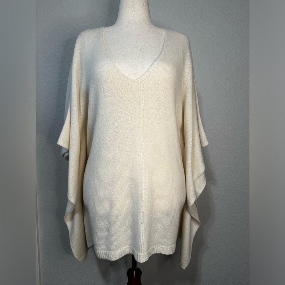 Calypso St. Barth Cream Cashmere V Neck Poncho Tunic Sweater.